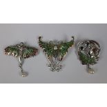 3 silver & enamel brooches