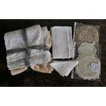 5 embroidered and lace table clothes, 6 damask serviettes, 4 small embroidered serviettes together