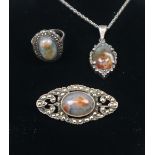 1930's silver agate & marcasite ring with matching pendant / brooch