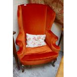 Vintage Christie Tyler orange fabric Queen Anne style wing chair (labelled underneath)