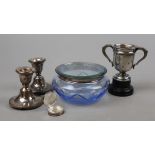 Collection of hallmarked silver to include a pair of candlesticks