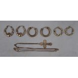 3 pairs of 9ct gold earrings together with 9ct gold cross and chain approx 5.5g