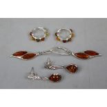 3 pairs of silver & amber earrings