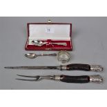 2 silver spoons, silver napkin ring & silver mounted part carving set