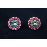 Pair of emerald, ruby & white sapphire set earrings