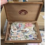 Stamps - Foreign and Commonwealth on/off paper in cigar box for sorting