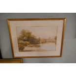 Watercolour by John Varley - Barges and river scene - Image size: 52cm x 35cm