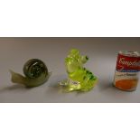 2 glass paperweights one marked Langham in the shape of a snail