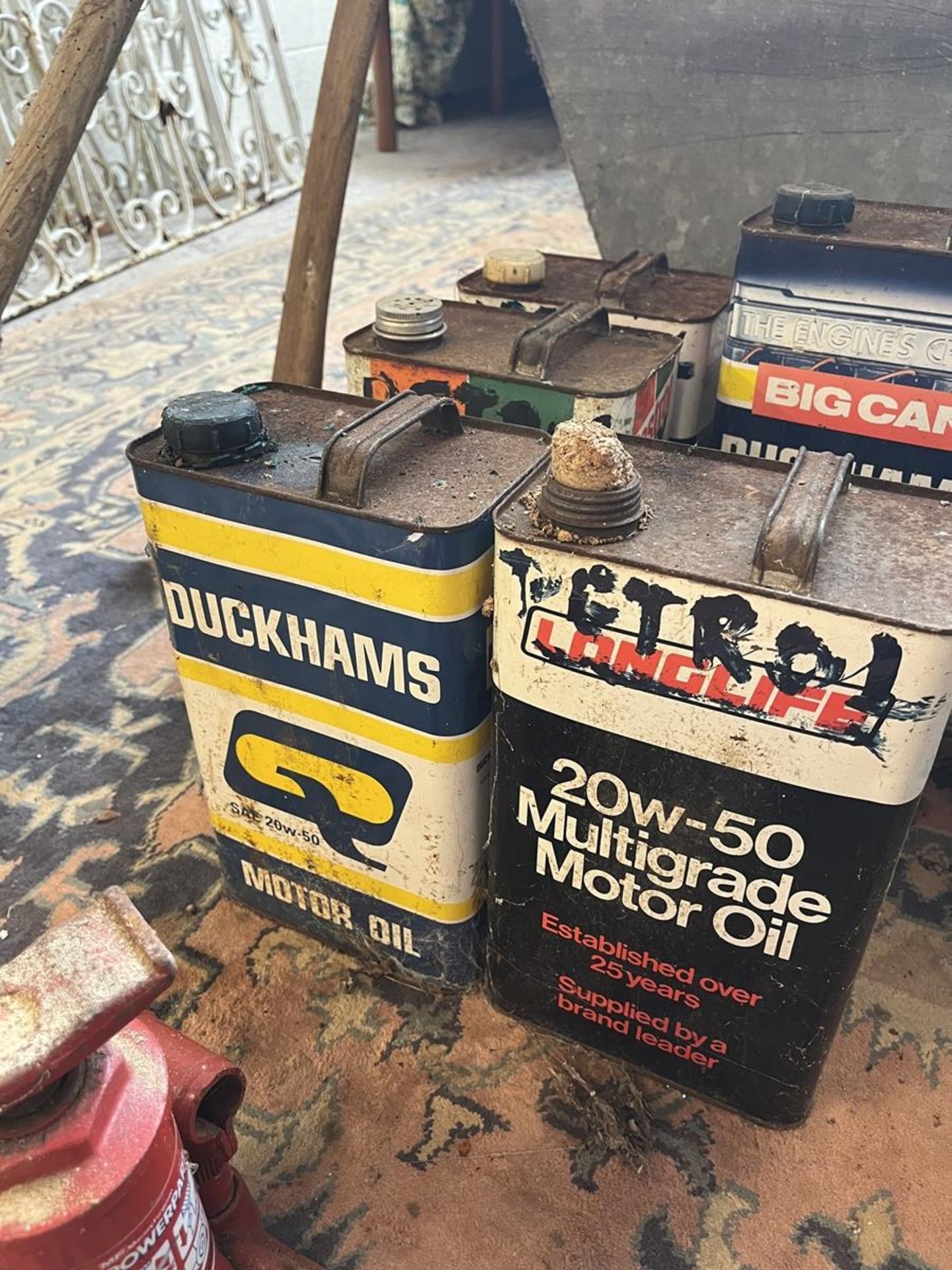 Collection of old cans together with a smaller can and bottle jack - Image 5 of 8