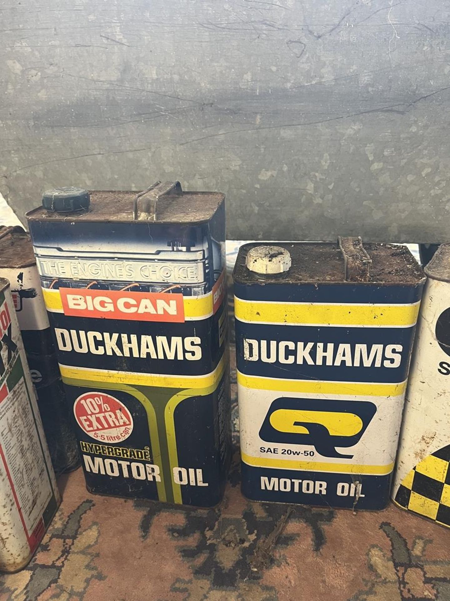 Collection of old cans together with a smaller can and bottle jack - Image 4 of 8