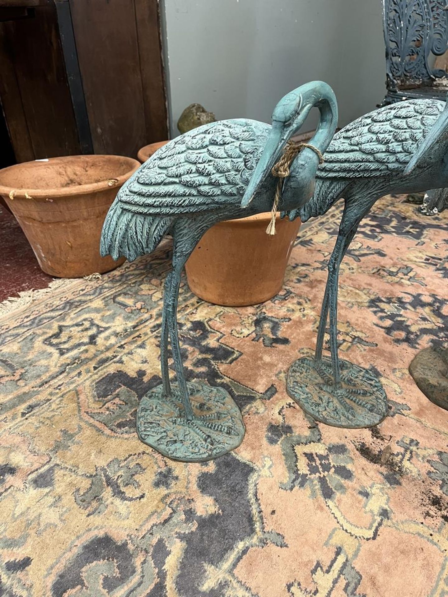 4 metal crane figures with verdigris patina - Approx height of tallest: 77cm - Image 2 of 3