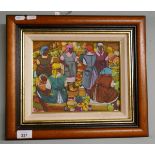 South African market scene oil on canvas signed J Alexander - Approx image size 24cm x 19cm