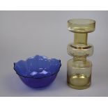 Riihimake glass cog vase together with a French Arcoroc cobalt lotus bowl