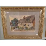 Water colour by J.B Donaldson of a thatched cottage figure and chickens - Approx image size 46cm x