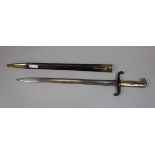 An Imperial German Prussian infantry bayonet, marked Solingen Erfurt, in leather & brass sheath