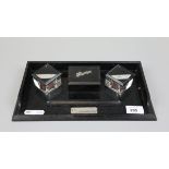 3/4 galleried ebony and Hallmarked silver and glass inkwells/desktidy