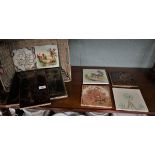 Assorted antique tiles to include 3 Dickens characters