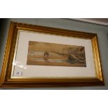 Watercolour of a beach scene 'going to meet the boats' by Lester Sutcliffe