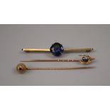 9ct gold bar brooch and 2 gold stone set stick pins