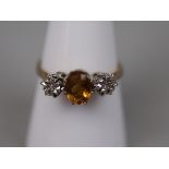 9ct gold citreen and diamond 3 stone ring - Size: P
