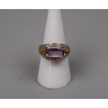 9ct gold amethyst and diamond set ring - Size: O