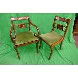 Set of 4 Regency style brass inlaid chairs together with a carver