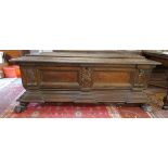 Early Italian carved walnut cassone coffer on paw feet - Approx size: W: 183cm D: 65cm H: 78cm: