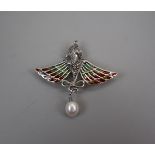 Silver & enamel pearl drop pendent/brooch