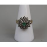 9ct gold emerald and diamond cluster ring - Size: P