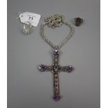 Amethyst set silver crucifix on silver chain together with 2 silver rings