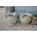 Pair of large heavy stone planters adorned with cherubs - Approx height: 50cm