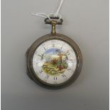 Hallmarked silver 18thC pocket stopwatch by William Drury of Banbury with painted hunting scene to