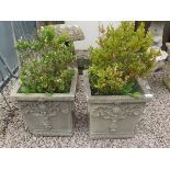 Pair of stone planters with plants - Approx Height 39cm