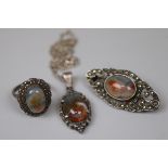 1930s silver agate ring/pendant & brooch