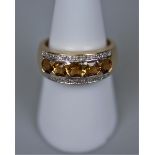 Heavy 9ct gold citrine and diamond set ring - Size O