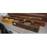 2 wood planes together with 2 vintage spirit levels