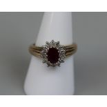 9ct gold ruby and diamond set cluster ring - Size: P