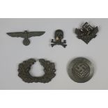 Collection of German badges to include - RADWJ Rank brooch, Wehrmacht cap eagle badge, WW2 German