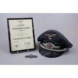 Genuine Luftwaffe officers cap together with certificate and award presented to Gerhard Wilfert 8./