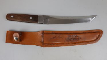 Decorative Japanese Tanto in light brown sheath adorned with scene of Mount Fuji