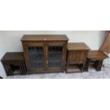 2 nests of tables, pot cupboard and glazed oak bookcase