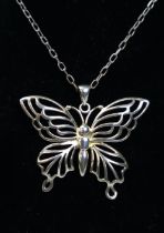 Large silver butterfly pendant and chain