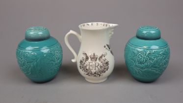 Coronation mask jug together with pair of Beswick ginger jars