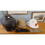 2 pith helmets together with 2 forage caps in metal hat box marked C.G.P. Gilliat The Royal