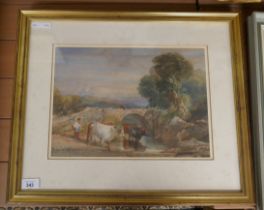 Watercolour of cattle near bridge by W Leitch - Approx image size: 36cm x 26cm