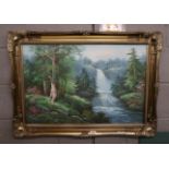 Oil on canvas of a waterfall signed Gullen - Approx image size: 74cm x 49cm