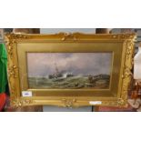 19thC oil - Tug bringing in disabled brig in heavy weather old Calais pier signed H Valter
