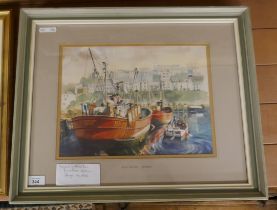 Watercolour of Brixham Harbour by George Hawkins - Approx image size: 36cm x 27cm