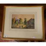 Watercolour of village scene - Approx image size: 26cm x 16cm