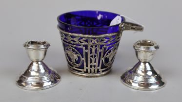 Continental silver (800) bonbon dish with blue glass liner together with pair of hallmarked silver